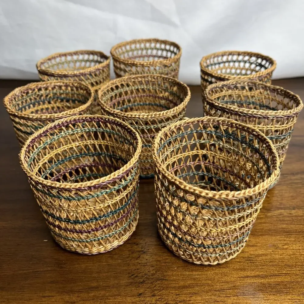 Vintage Woven Wicker Rattan Baskets Cup Glass Holder Boho Multicolor Set of 8